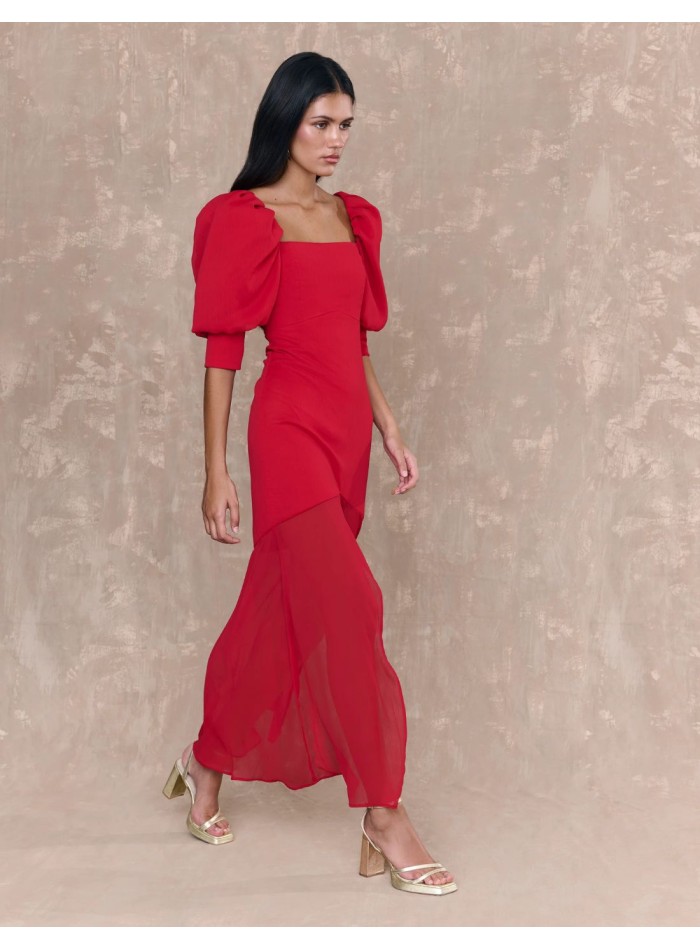 Robe midi en mousseline de soie rouge avec...