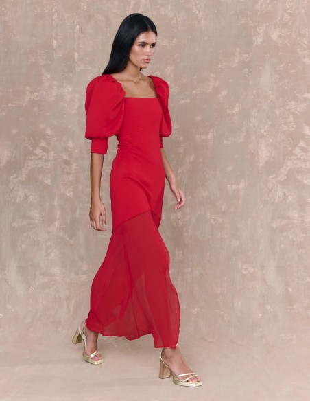 Robe midi en mousseline de soie rouge avec manches françaises