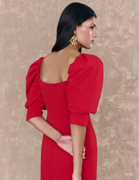 Robe midi en mousseline de soie rouge avec manches françaises