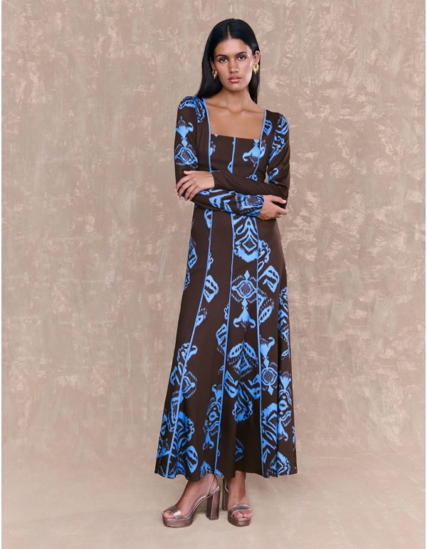 Vestido midi marrón de mangas largas con estampado 2