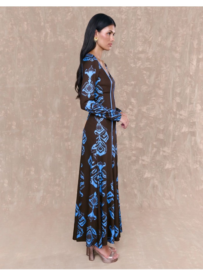 Vestido midi marrón de mangas largas con estampado