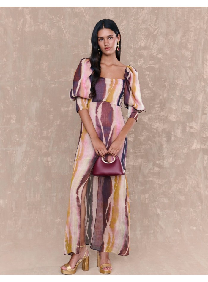 Multicolor long dress with square neckline and puffed French sleeves