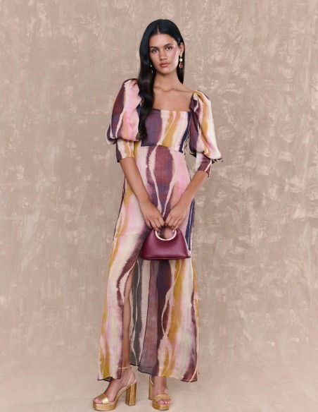Robe longue multicolore à encolure carrée et manches françaises bouffantes