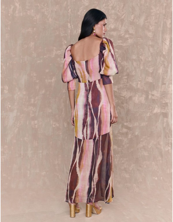 Multicolor long dress with square neckline and puffed... 2