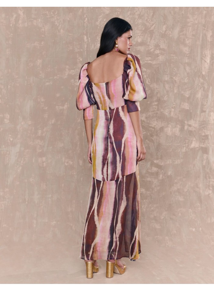 Robe longue multicolore à encolure carrée et...