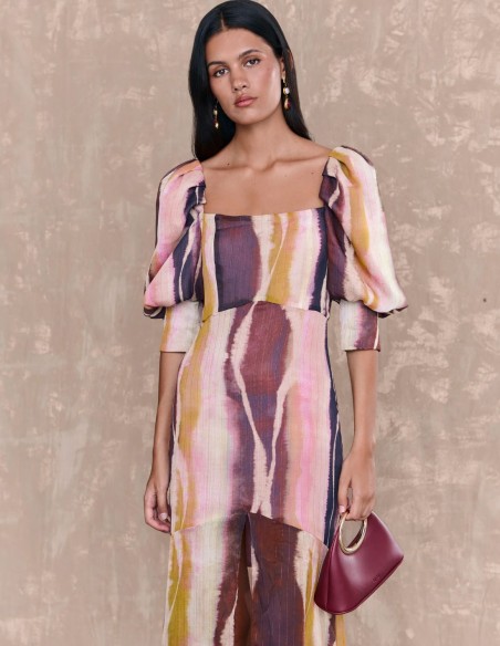 Robe longue multicolore à encolure carrée et manches françaises bouffantes