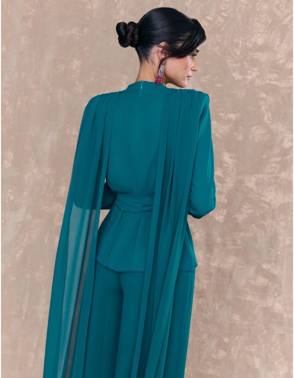 Draped blouse with petroleum colored waist belt 2