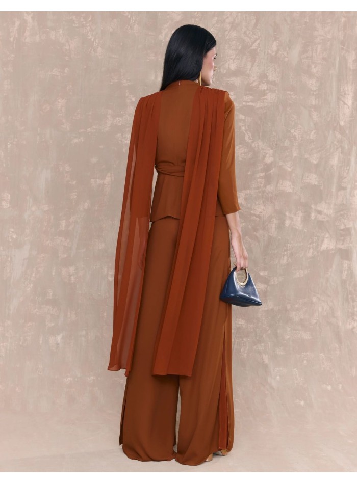 Blouse drapée et ceinturée, marron