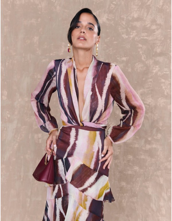 Blusa de gasa con estampado multicolor con nudo delantereo