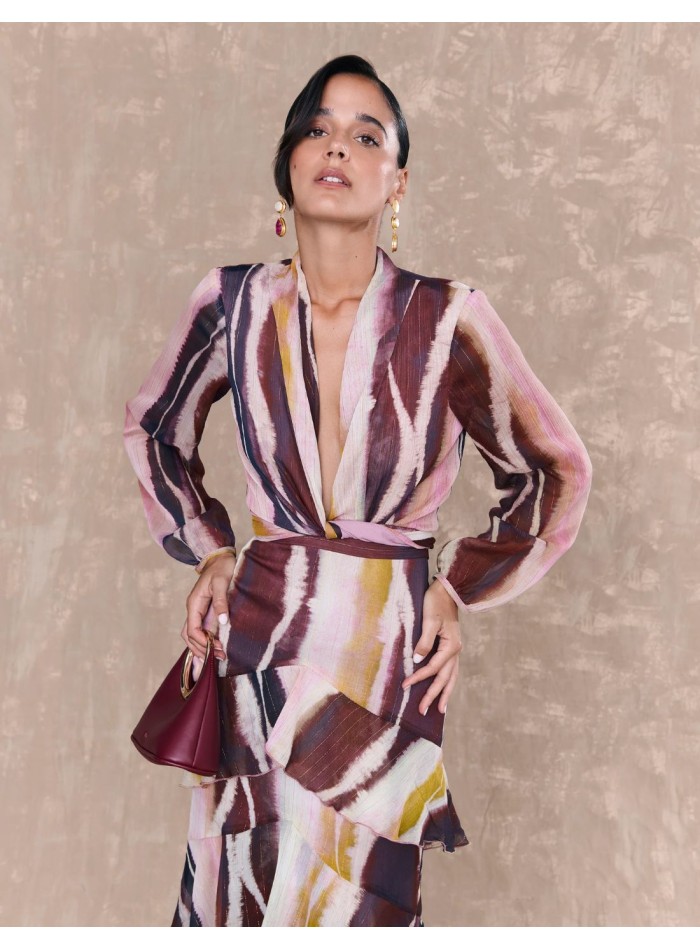 Blouse en mousseline de soie imprimée multicolore avec nœud sur le devant