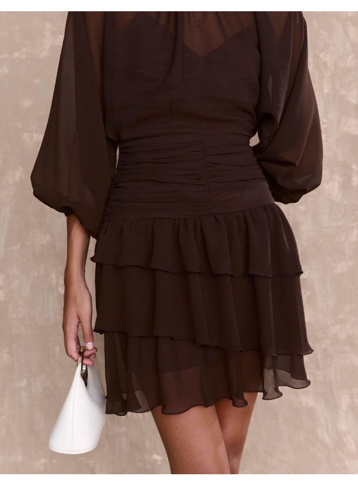 Robe courte en mousseline de soie brune avec...