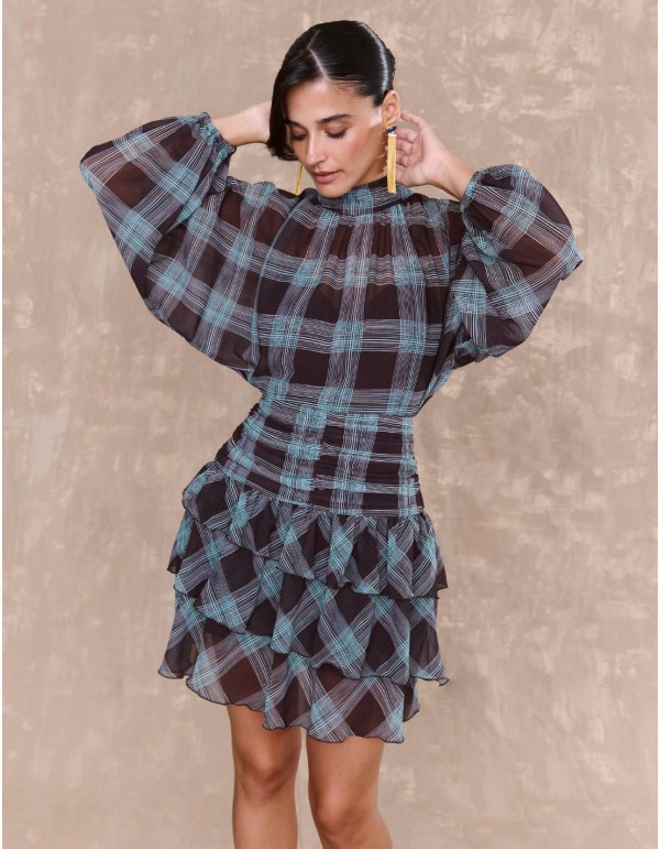 Robe courte en mousseline de soie imprimée à carreaux... 2