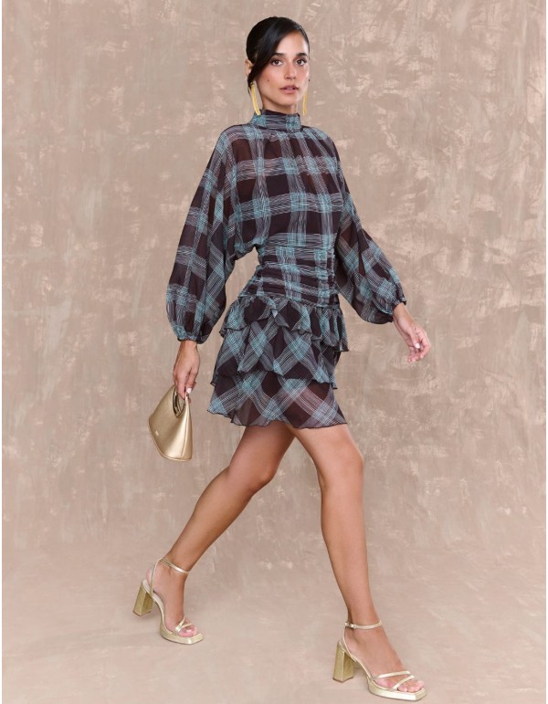 Robe courte en mousseline de soie imprimée à carreaux...