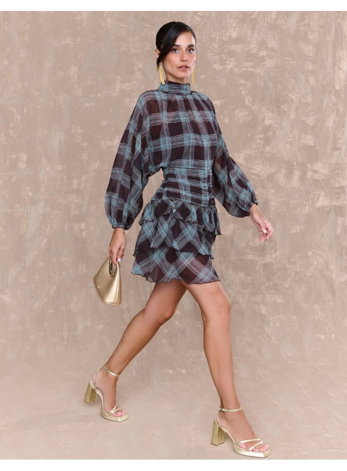 Short dress in checkered printed chiffon with draped sash and ruffles