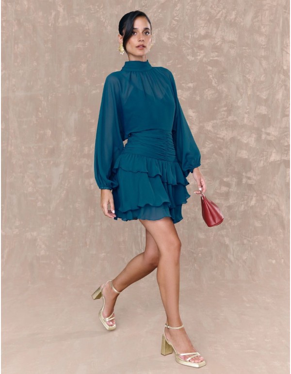 Robe courte en mousseline de soie bleue avec ceinture... 2