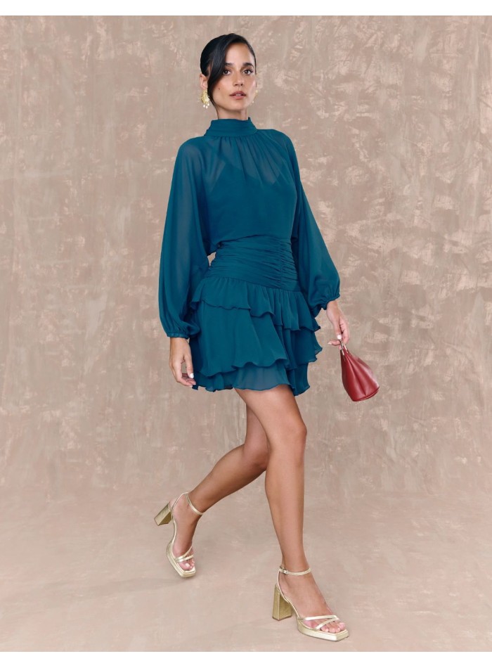 Robe courte en mousseline de soie bleue avec...