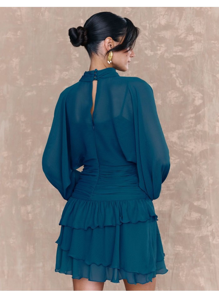 Robe courte en mousseline de soie bleue avec...