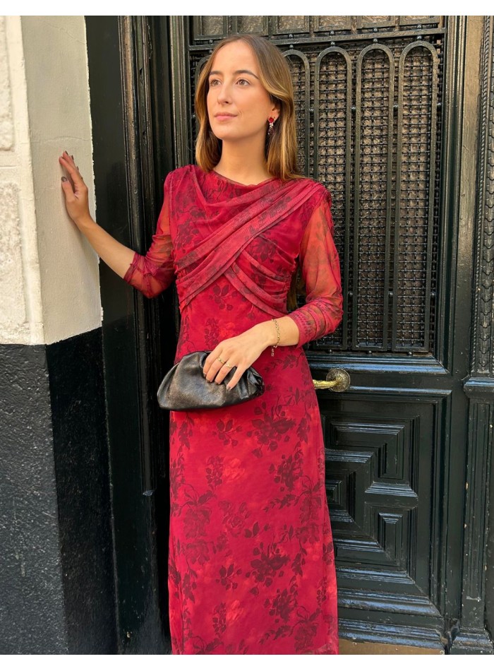 Vestido midi de gasa burdeos estampado con cruce delantero
