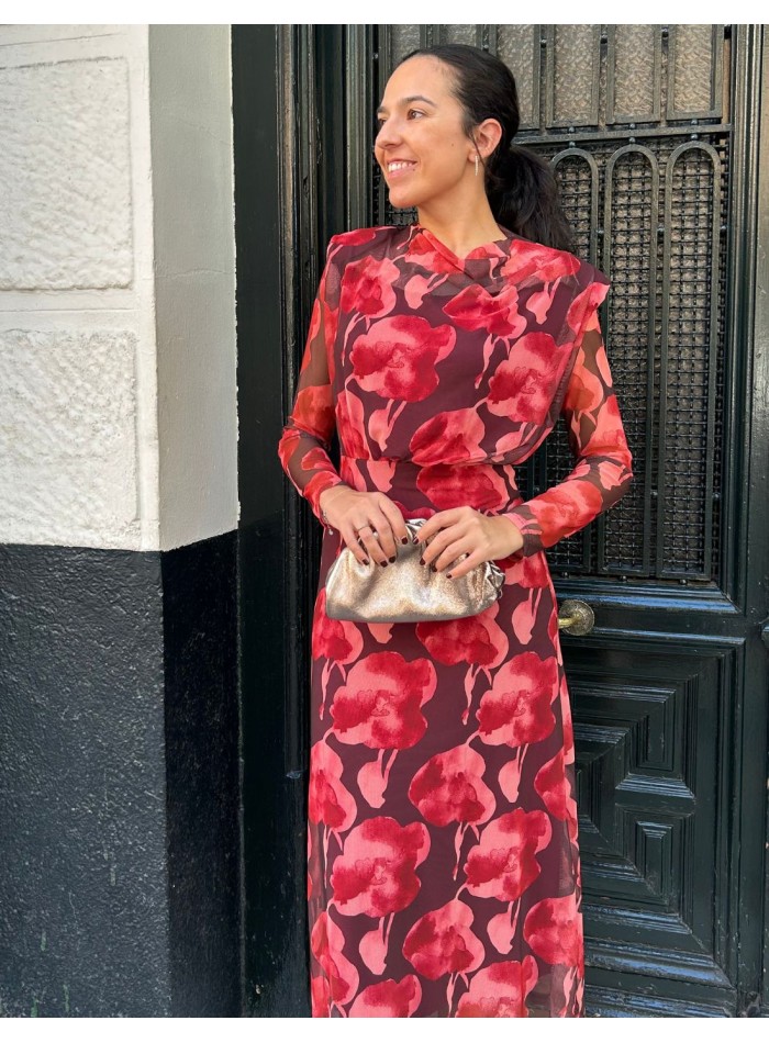 Floral print midi dress with shoulder pads