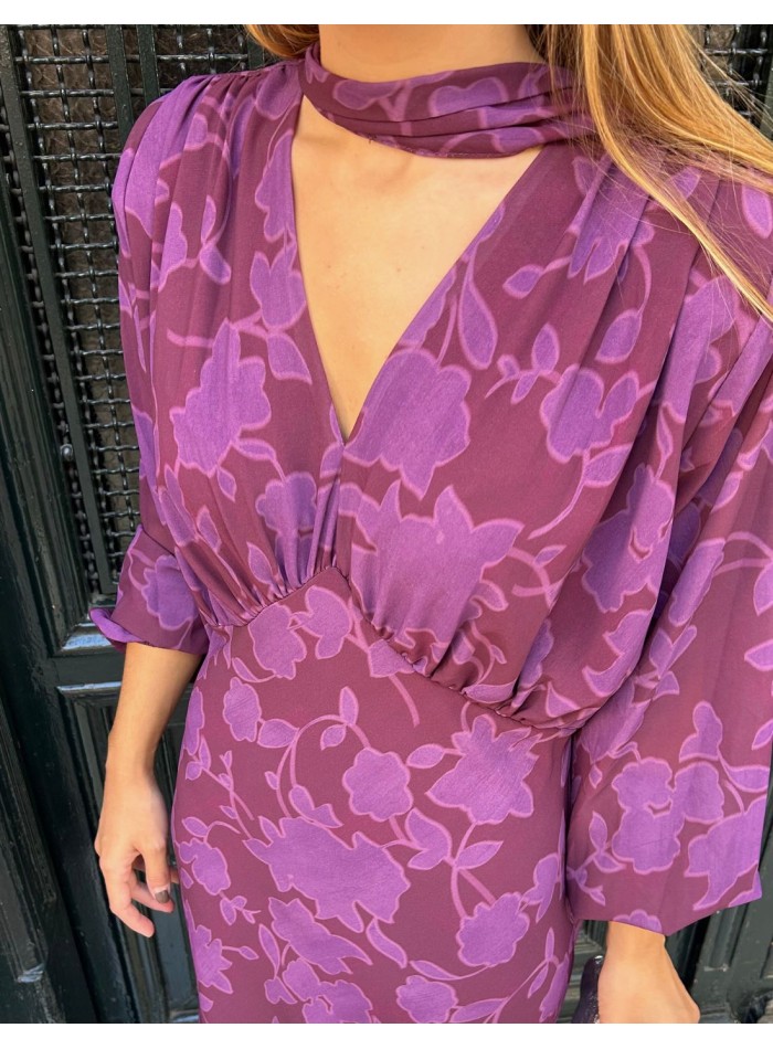Purple printed midi dress with shawl