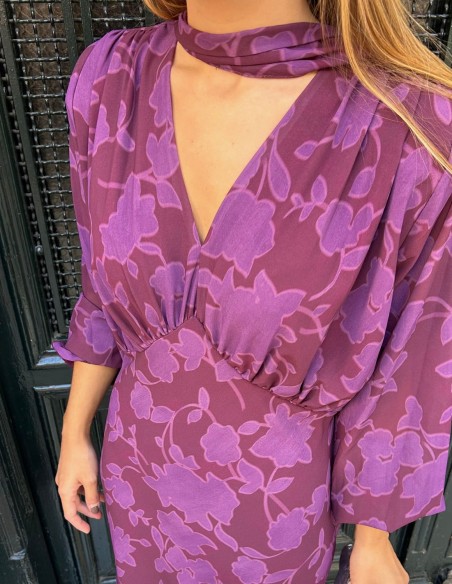 Purple printed midi dress with shawl