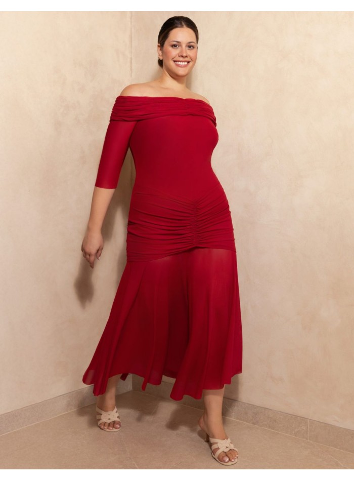 Vestido midi con escote bardot y drapeado en la cintura