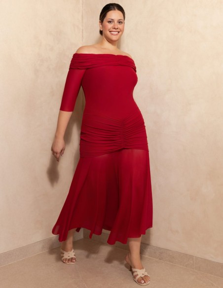 Vestido midi con escote bardot y drapeado en la cintura