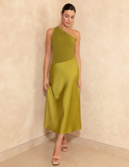Crepe satin midi dress with asymmetrical neckline