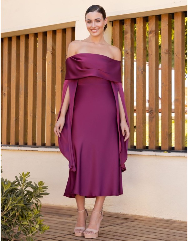 Robe midi à encolure bardot en satin et manches tombantes