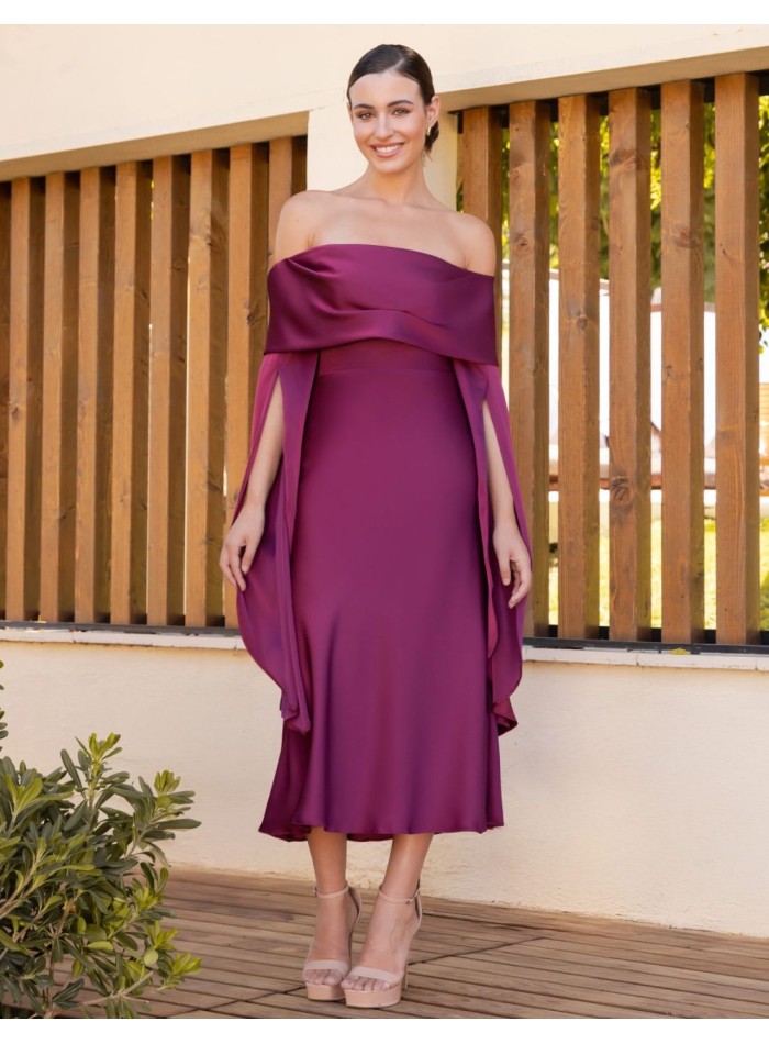 Robe midi à encolure bardot en satin et manches tombantes