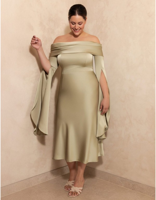 Robe midi à encolure bardot et manches tombantes