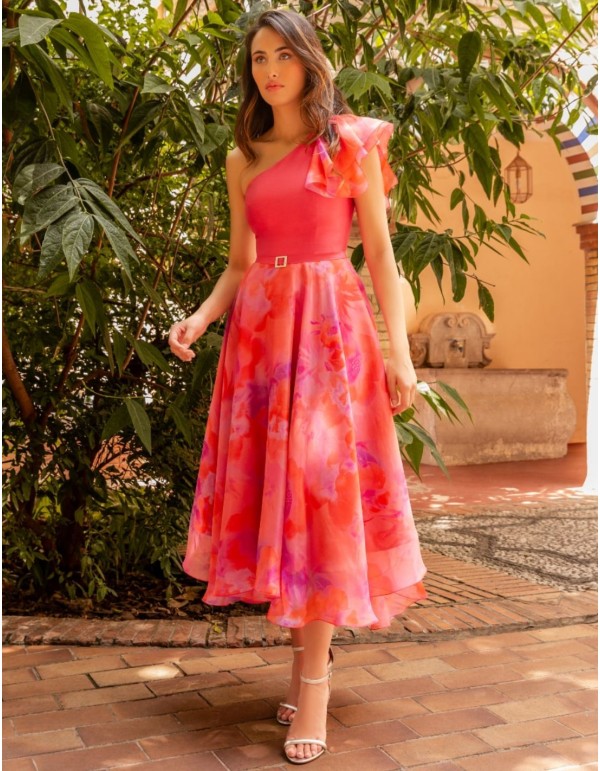 Printed midi dress with asymmetric asymmetrical neckline...