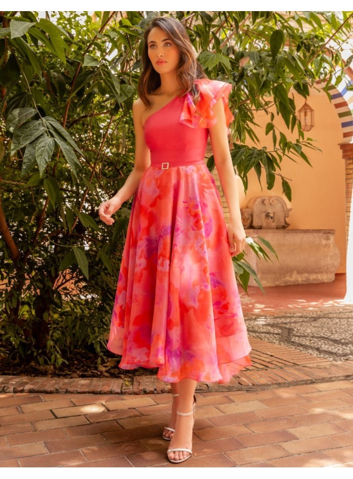 Robe midi imprimée à encolure asymétrique et coupe princesse