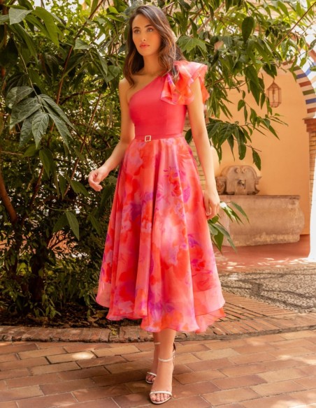Vestido midi estampado con escote asimétrico y corte princesa Vestido midi estampado con escote asimétrico y corte princesa