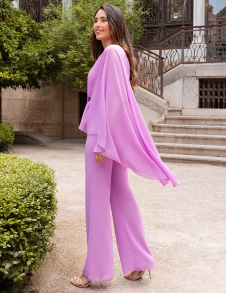 Mauve party jumpsuit with asymmetrical neckline and cape