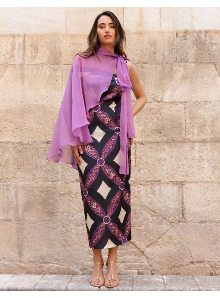 Robe midi imprimée à encolure asymétrique