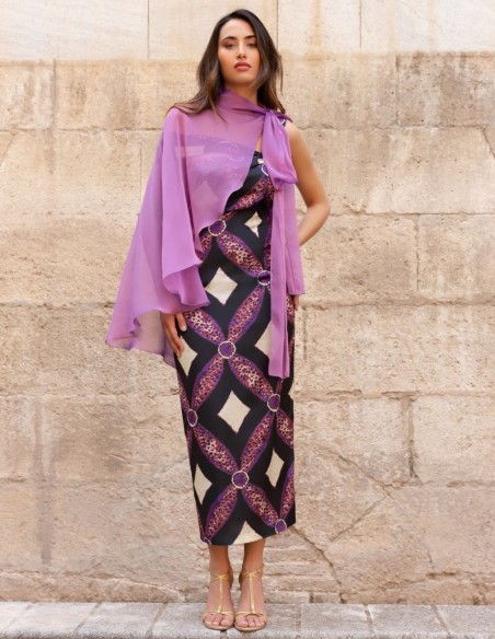 Vestido midi estampado con escote asimétrico Vestido midi estampado con escote asimétrico