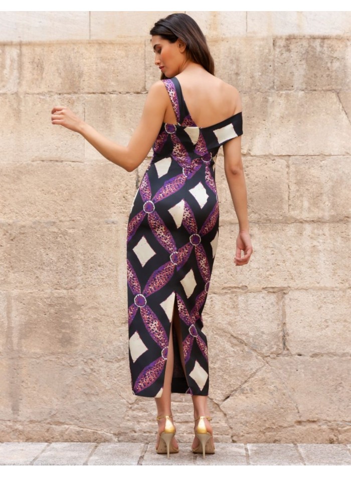Vestido midi estampado con escote asimétrico