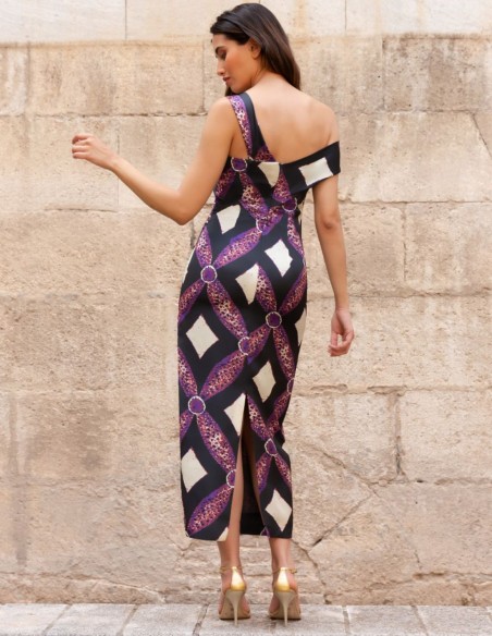 Printed midi dress with asymmetrical neckline