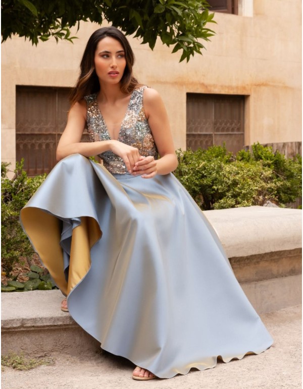 Vestido midi con falda satinada y cuerpo de lentejuela 2