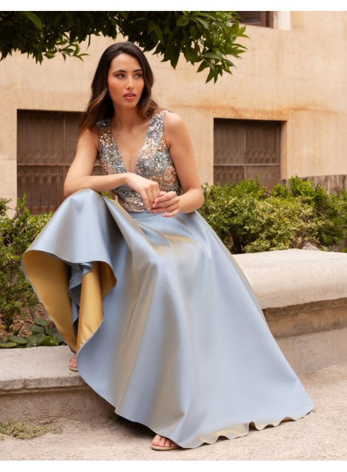 Midi dress with satin skirt and sequin bodice