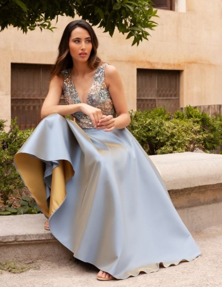 Robe midi avec jupe en satin et corsage à paillettes