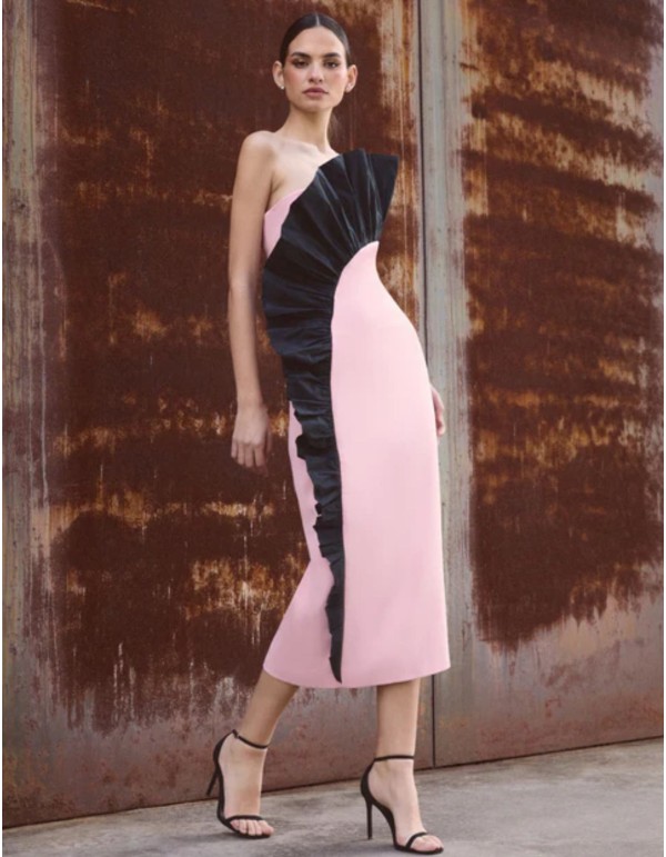 Pink and black strapless midi dress with taffeta flounce