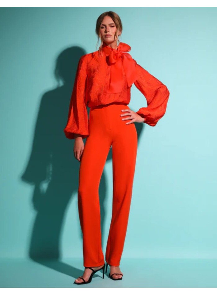 Long orange party pants with straight high rise