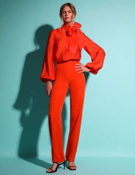 Long orange party pants with straight high rise