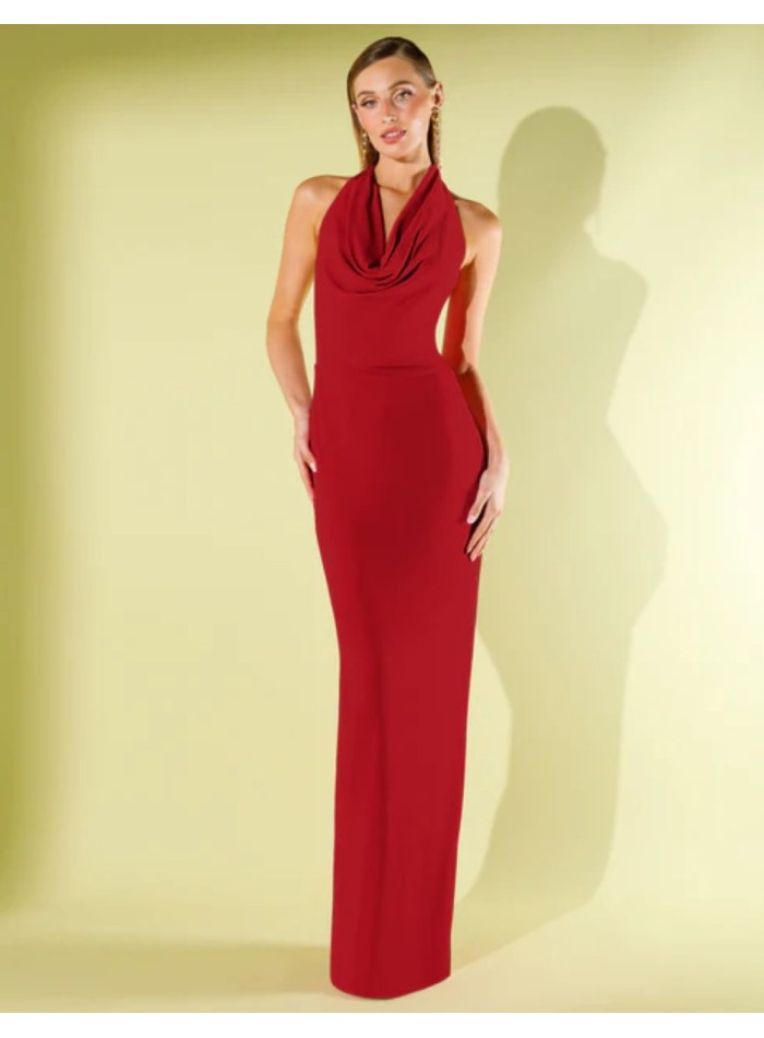 Vestido largo de punto rojo con escote cascada drapeado