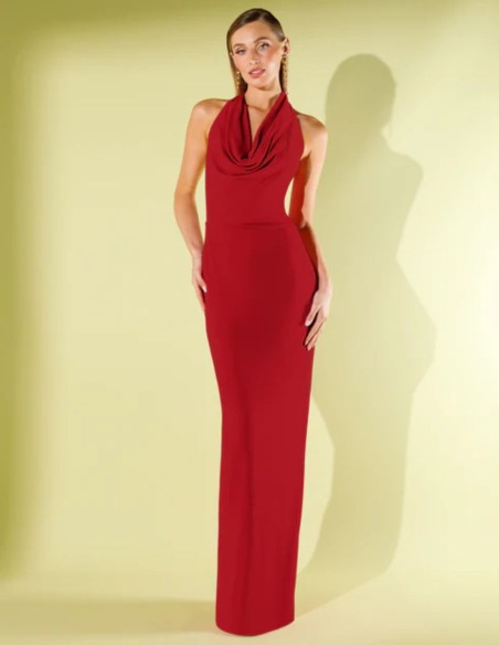 Long red knitted dress with draped cascade neckline
