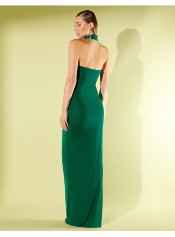 Vestido largo de fiesta verde con escote cascada drapeado