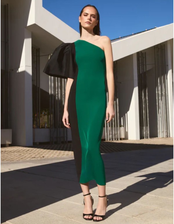 Asymmetrical midi dress with bare shoulder and taffeta...