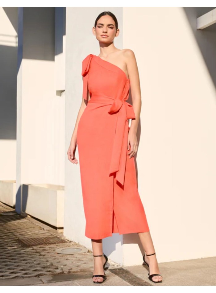 Orange midi skirt with side tie in faux plain fabric